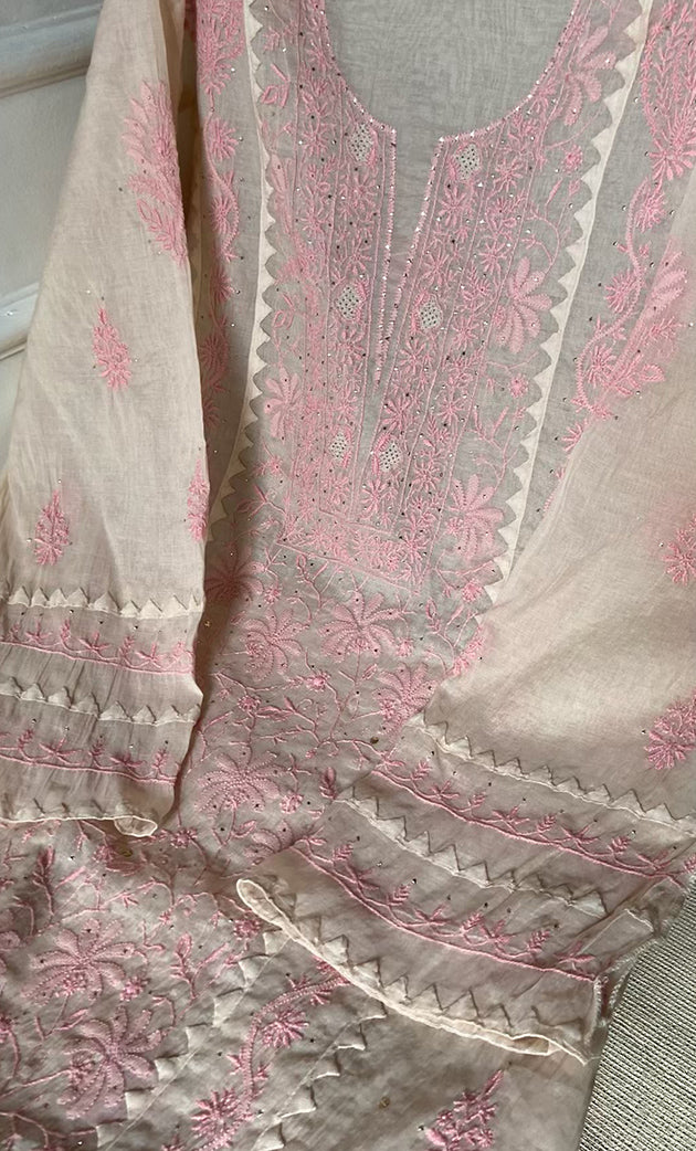 Women's Lakhnavi Handcrafted Mul Chanderi Semi - stitched Kurta And Dupatta Set- HONC0305143