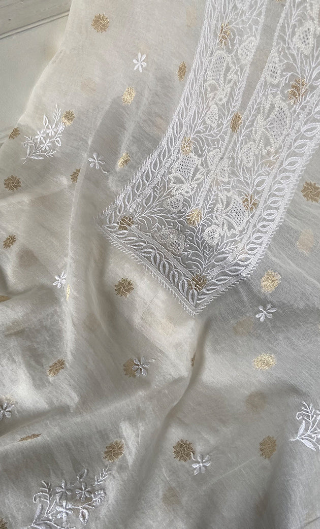 Women's Lakhnavi Handcrafted Unstitchd Mul Chanderi Kurta And Dupatta Set - HONC0341045