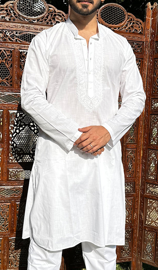 Men's Lucknowi Handcrafted Cotton Chikankari Kurta - HONC0337903