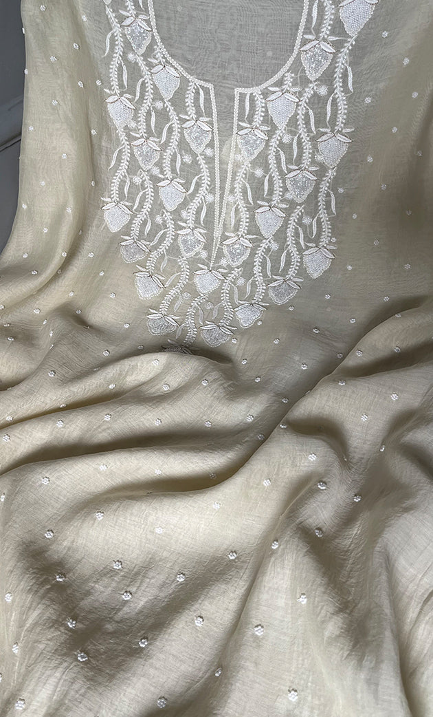 Jazba Women's Lakhnavi Handcrafted Mul Chanderi UnStitched Kurta And Dupatta Set - HONC0301694