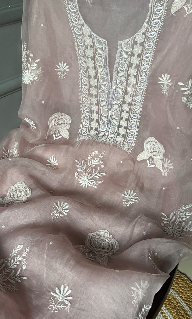 Women's Lakhnavi Handcrafted Pure Organza Chikankari Unstitched Kurta And Dupatta Set- HONC0304486