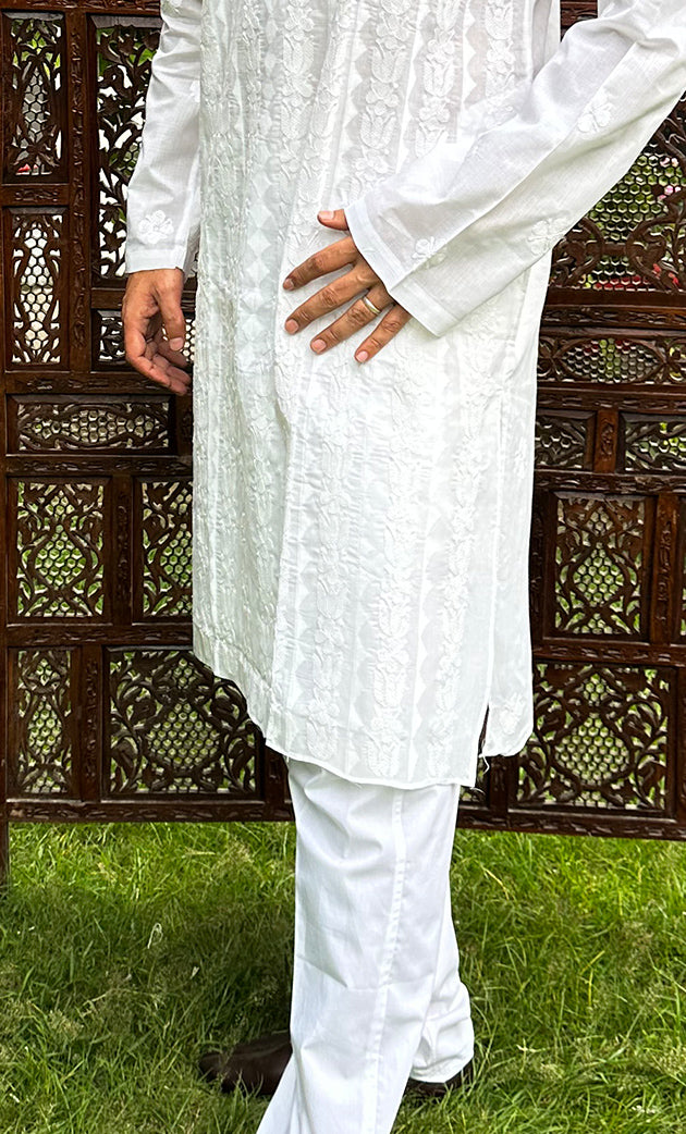 Men's Lucknowi Handcrafted Cotton Chikankari Kurta - HONC0295444