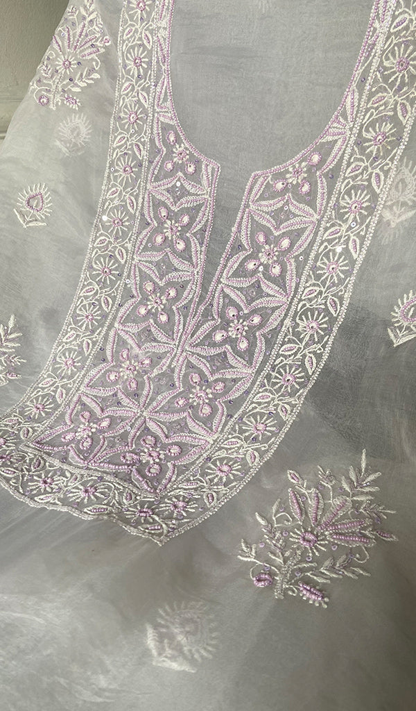 Women's Lakhnavi Handcrafted Pure Organza Chikankari Unstitched Kurta And Dupatta Set- HONC0307961