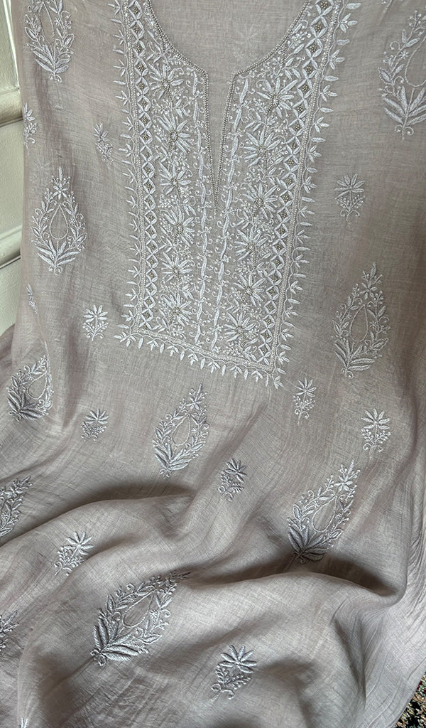 Women's Lakhnavi Handcrafted Mul Chanderi Unstitched Chikankari Full Suit Material - HONC0345041
