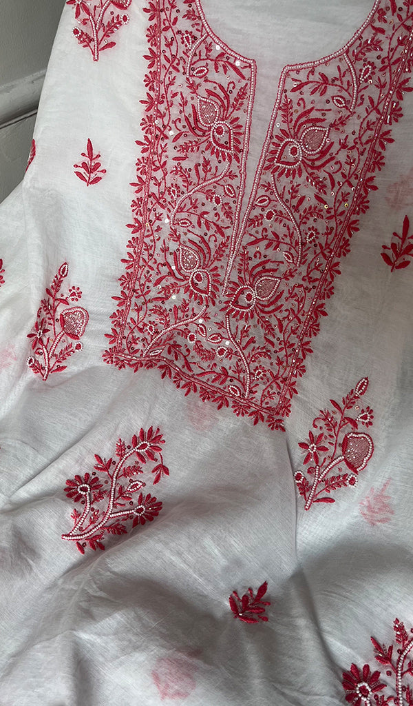 Women's Lakhnavi Handcrafted Mul Chanderi Unstitched Kurta And Dupatta Set - HONC0278140