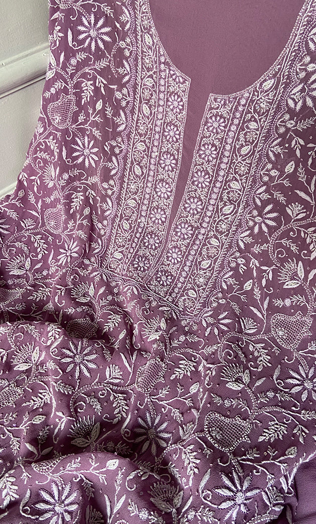 Women's Lakhnavi Handcrafted Pure Silk Georgette Chikankari Suit Material -  HONC0188582