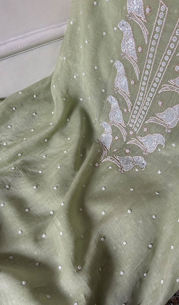 Chidiya Women's Lakhnavi Handcrafted Mul Chanderi Unstitched Kurta And Dupatta Set- HONC0349598
