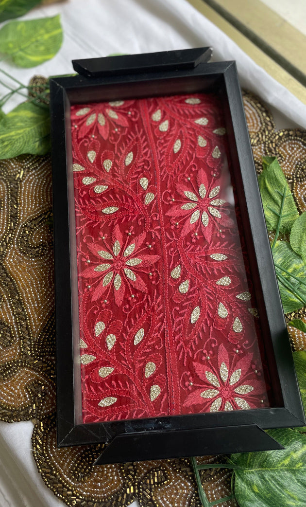 Handcrafted Chikankari Tray with Two Coasters – Wooden Frame - HONC0313528