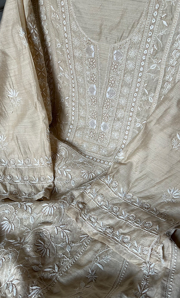 Women's Lakhnavi Handcrafted Munga Silk Semi - Stitched Chikankari Anarkali And Dupatta Set- HONC0262518