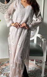 Load image into Gallery viewer, Women&#39;s Lucknowi Handcrafted Mul Chanderi Chikankari Kurti - HONC0329790
