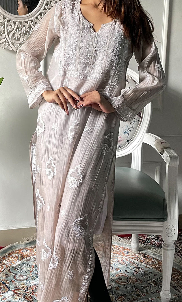 Women's Lucknowi Handcrafted Mul Chanderi Chikankari Kurti - HONC0329790