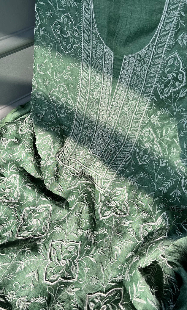 Women's Lakhnavi Handcrafted Munga Silk Chikankari Kurta And Dupatta Set- HONC0280941