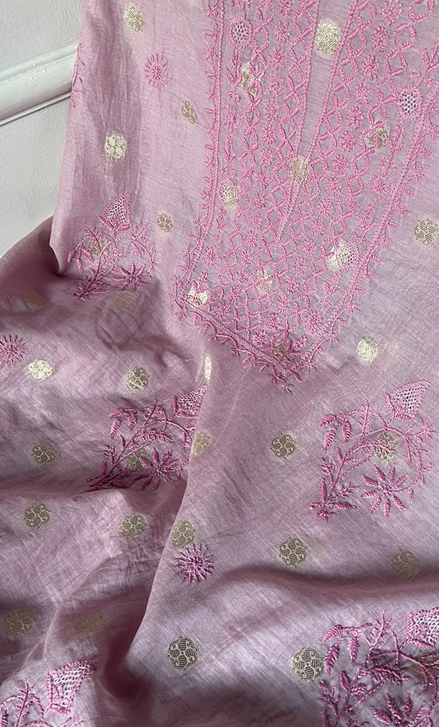 Women's Lakhnavi Handcrafted Mul Chanderi Unstitched Chikankari Full Suit Material - HONC0316859