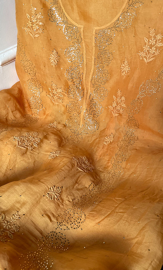 Women's Lakhnavi Handcrafted Pure Organza Chikankari Unstitched Kurta And Dupatta Set- HONC0304149