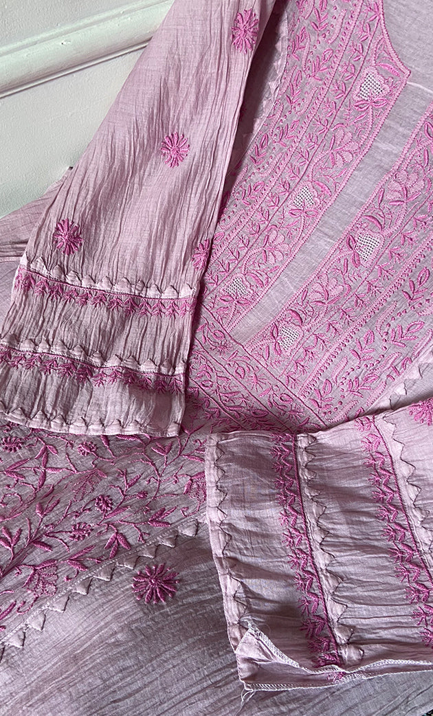 Women's Lakhnavi Handcrafted Mul Chanderi Semi - stitched Chikankari Full Suit Material - HONC0317047