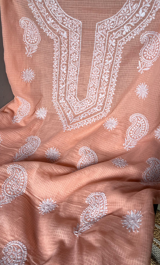 Women's Lucknowi Handcrafted Kota Cotton Chikankari Unstitched Kurta And Dupatta Set - HONC0312647