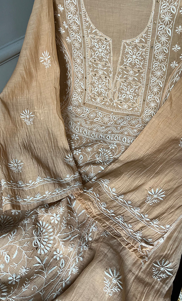 Women's Lakhnavi Handcrafted Mul Chanderi Semi - stitched Kurta And Dupatta Set- HONC0280973