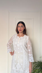 Women's Lucknowi Handcrafted Mul Chanderi Stitched Chikankari Short Kurta And Plazzo Set . (Copy)