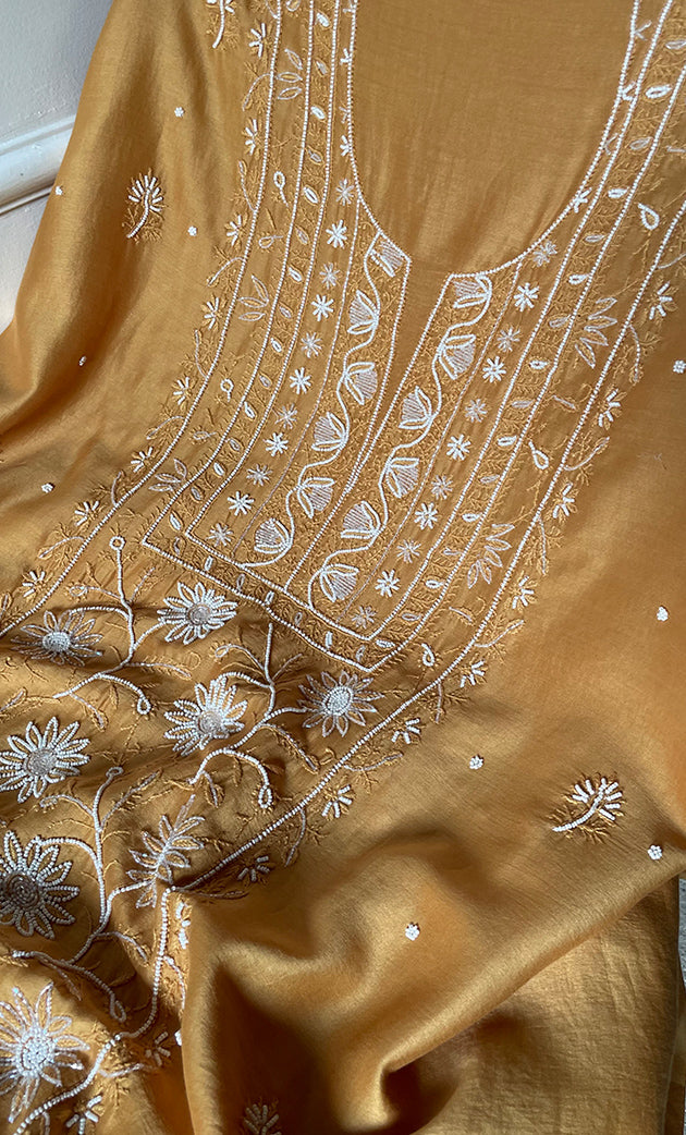 Women's Lucknowi Handcrafted Chanderi Silk Unstitched Chikankari Full Suit Material - HONC0278003