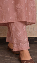 Women's Lucknowi Handcrafted Chanderi Silk  Stitched Chikankari Kurta And Pant Set .