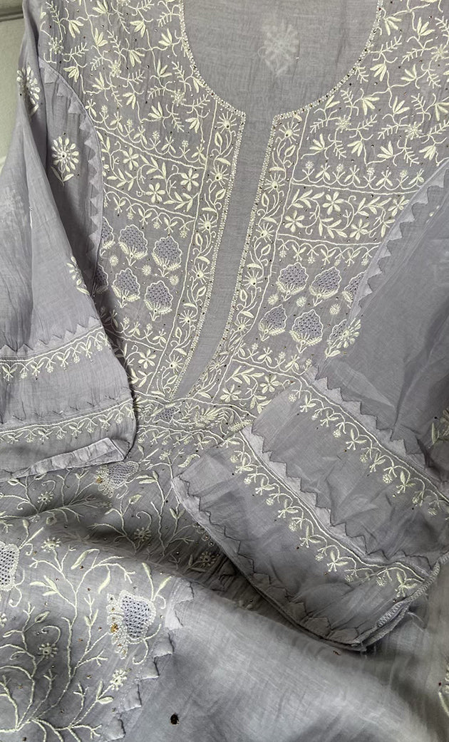 Women's Lakhnavi Handcrafted Mul Chanderi Semi - stitched Kurta And Dupatta Set- HONC0305163