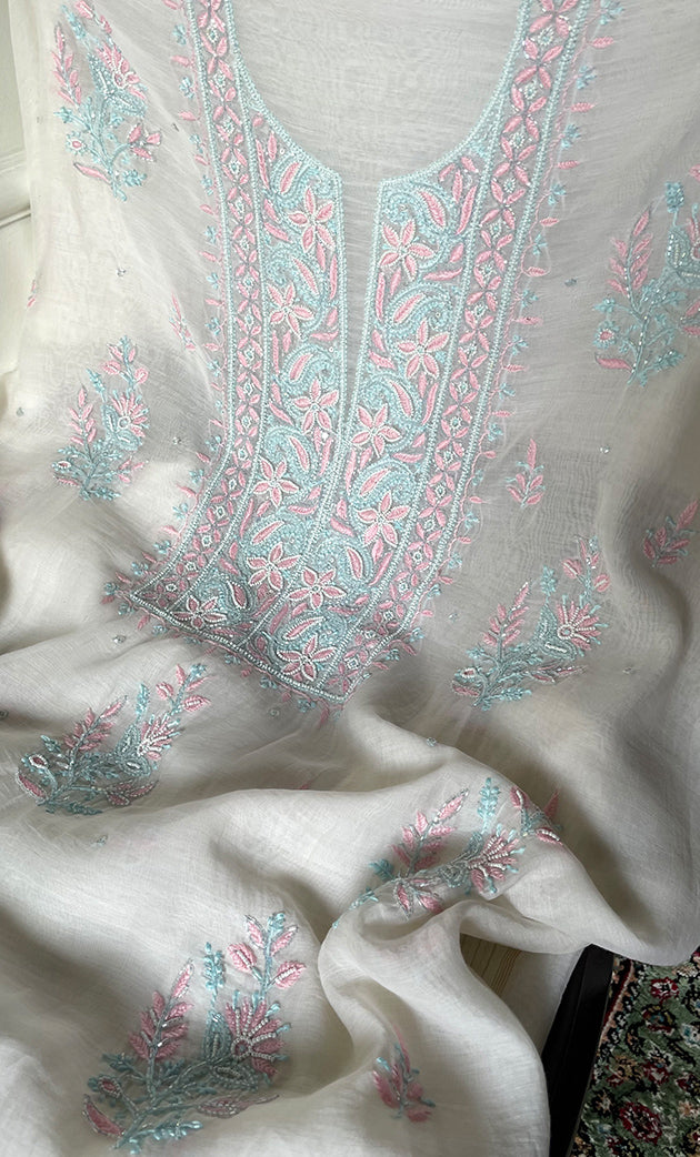 Women's Lakhnavi Handcrafted Unstitched Mul Chanderi Kurta And Dupatta Set - HONC0323591