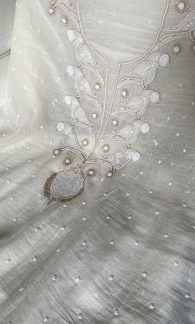 Jazba Women's Lakhnavi Handcrafted Mul Chanderi UnStitched Kurta And Dupatta Set - HONC0320724