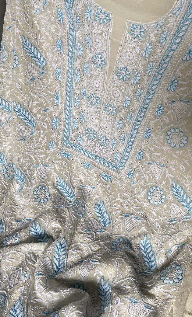Women's Lakhnavi Handcrafted Pure Silk Georgette Chikankari Kurta And Dupatta Set - HONC0295347