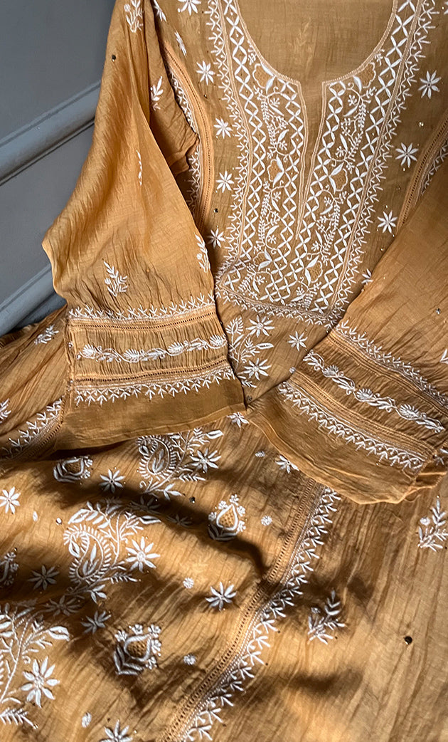 Women's Lakhnavi Handcrafted Mul Chanderi Semi - Stitched Kurta And Dupatta Set - HONC0284760