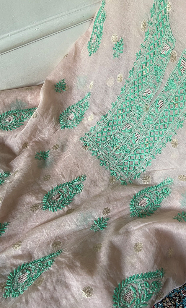 Women's Lakhnavi Handcrafted Mul Chanderi Unstitched Chikankari Full Suit Material - HONC0316863
