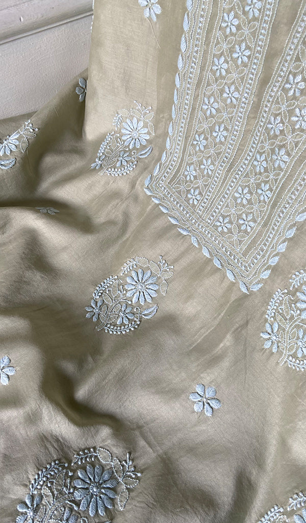 Women's Lakhnavi Handcrafted Chanderi Silk Unstitched Chikankari Full Suit - HONC0350702