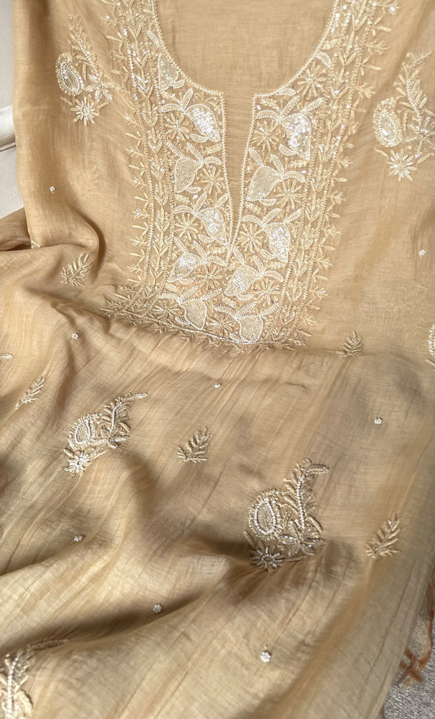 Women's Lakhnavi Handcrafted Mul Chanderi Unstitched Chikankari Full Suit Material - HONC0323585