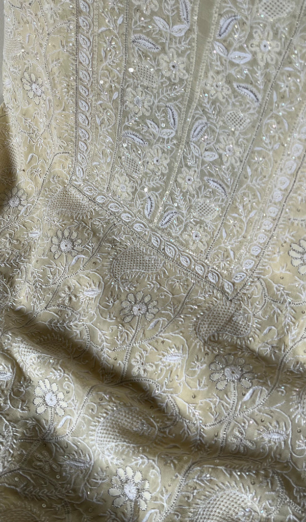 Women's Lakhnavi Handcrafted Pure Silk Georgette Chikankari Suit Material - HONC0146032