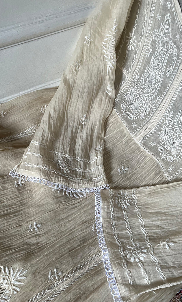 Izana Women's Lakhnavi Handcrafted Mul Chanderi Semi - stitched Chikankari Full Suit Material - HONC0333506