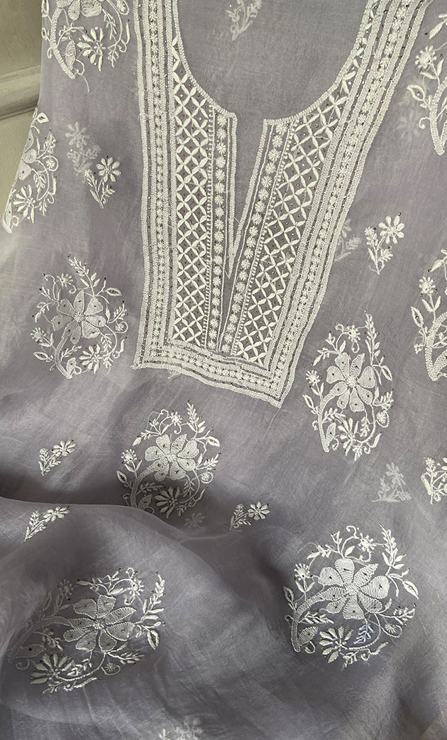 Women's Lakhnavi Handcrafted Pure Organza Chikankari Unstitched Kurta And Dupatta Set- HONC0263948