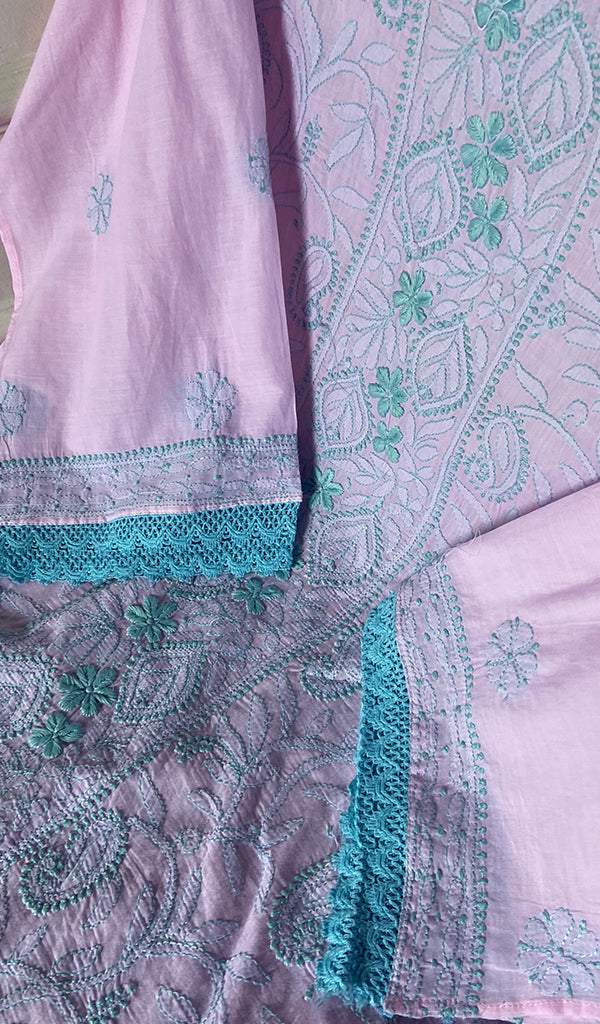 Women's Lakhnavi Handcrafted Cotton Chikankari Semi Stitched Kurti Fabric - HONC034482