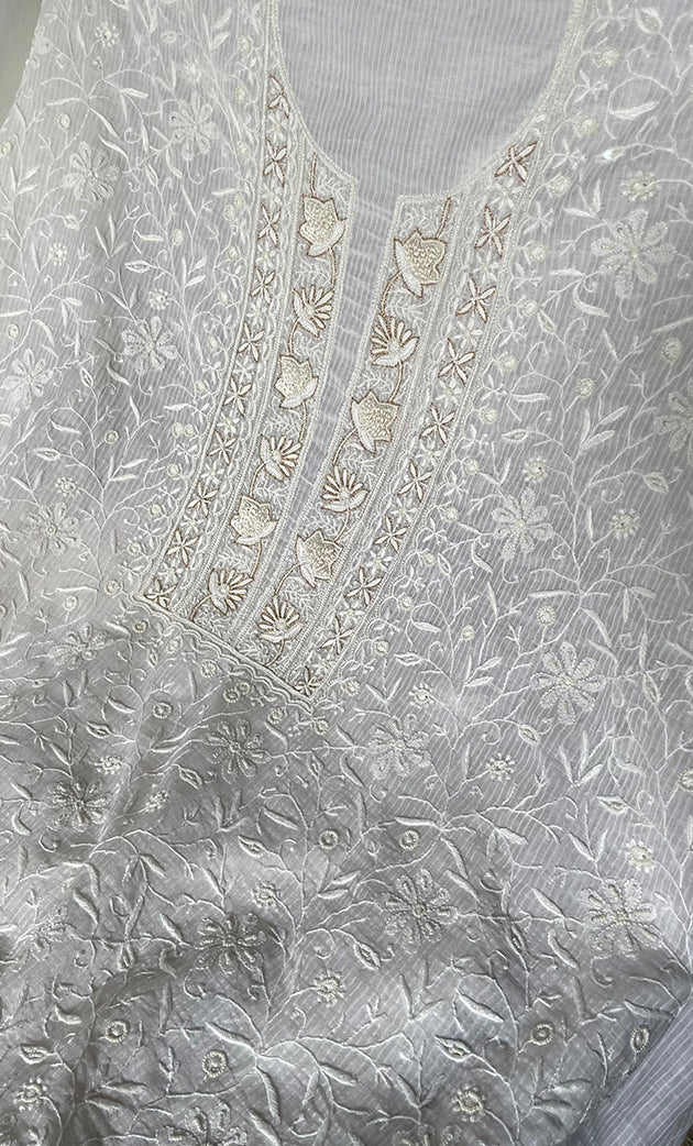 Women's Lakhnavi Handcrafted  Maheshwari  Mul Chanderi Unstitched Kurta And Dupatta Set - HONC0312963