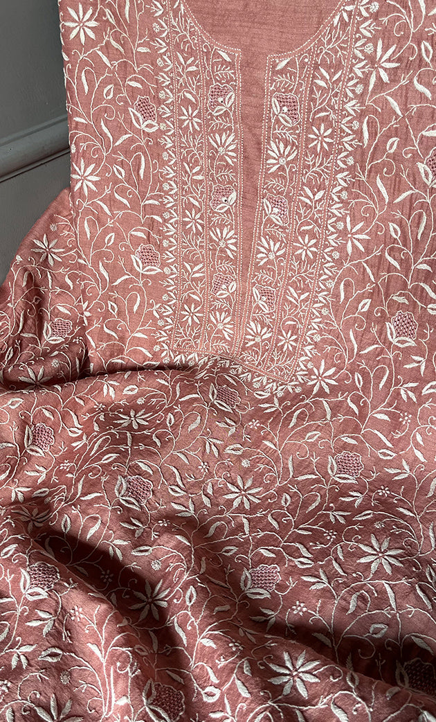 Women's Lakhnavi Handcrafted Munga Silk Chikankari Kurta And Dupatta Set- HONC0264873