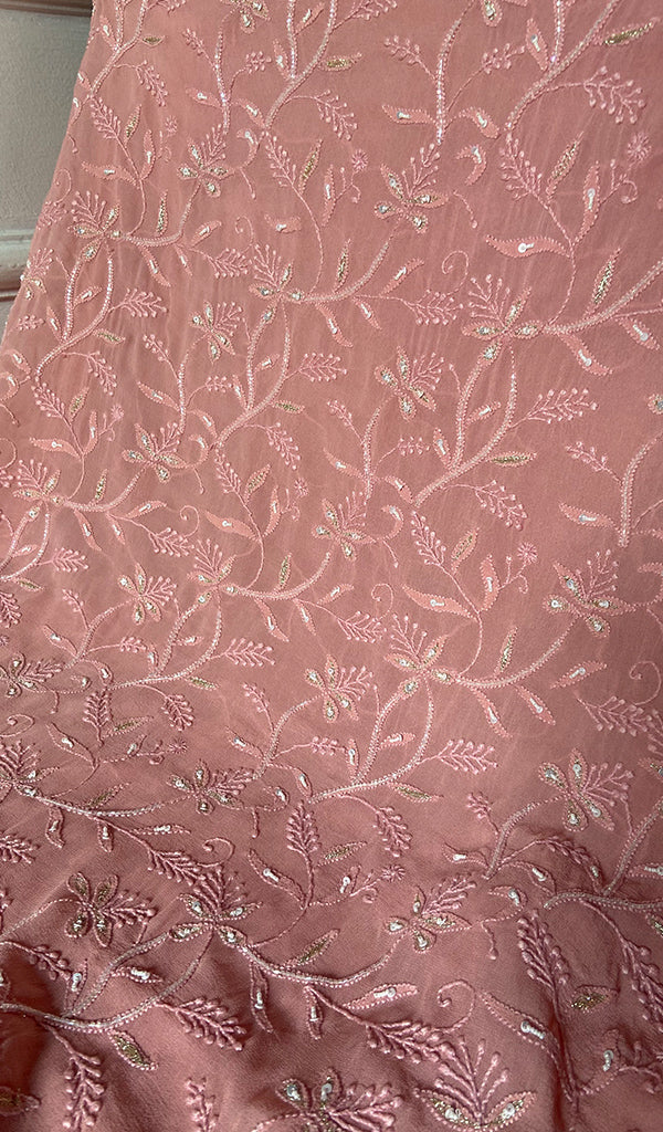 Women's Lakhnavi Handcrafted Pure Silk Georgette Unstitched Chikankari Kurta And Dupatta Set- HONC0271642