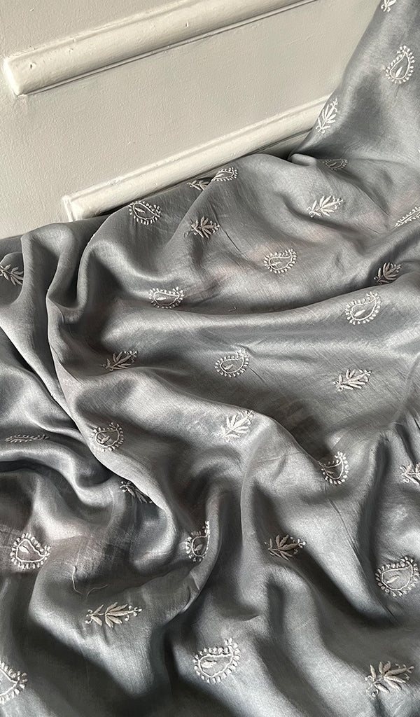 Women's Lucknowi Handcrafted Chanderi Silk Unstitched Chikankari Kurta and Dupatta Set- HONC0288648