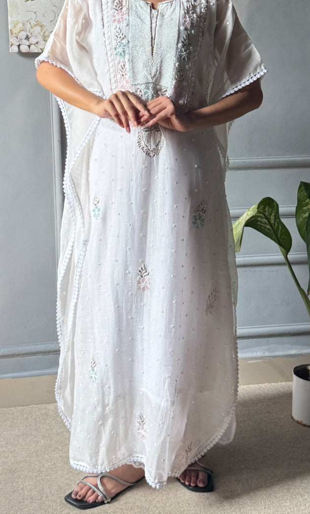 Rabia Women's Lucknowi Handcrafted Mul chanderi Chikankari Kaftan - HONC0301648