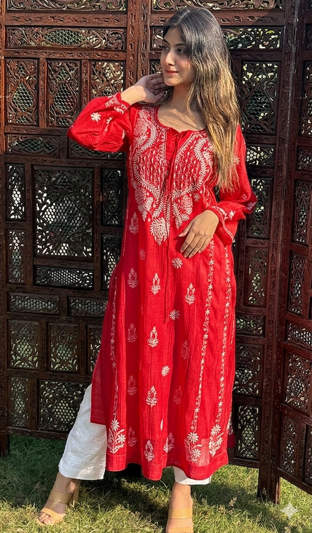 Nafasat Women's Lucknowi Handcrafted Mul Chanderi Chikankari Kurti - HONC07989505