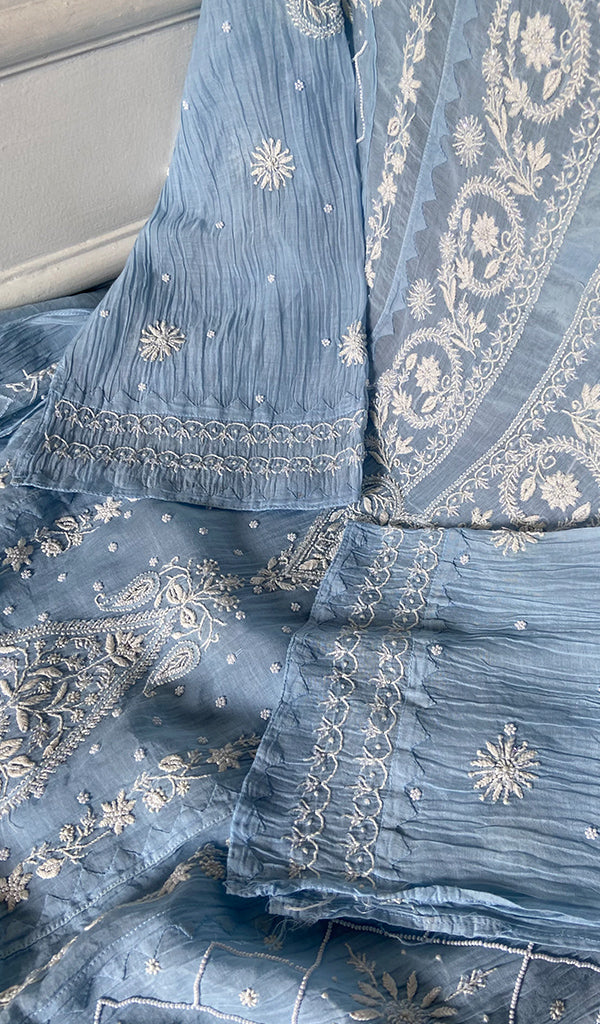 Basma Women's Lucknowi Handcrafted Mul Chanderi Semi - stitched Chikankari Anarkali Full Set - HONC0360090