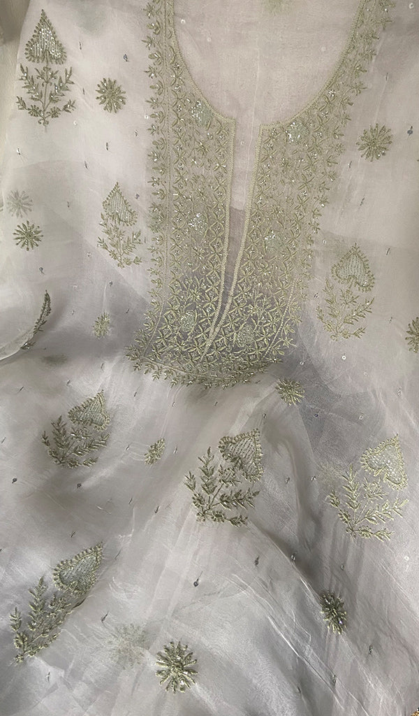 Women's Lakhnavi Handcrafted Pure Organza Chikankari Unstitched Kurta And Dupatta Set- HONC0340873