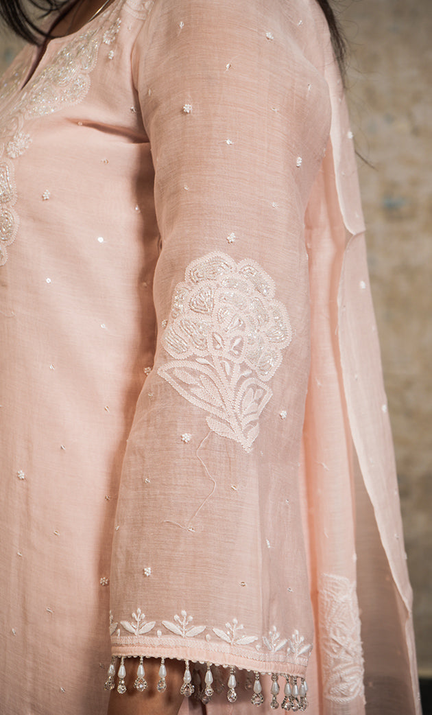 Women's Lakhnavi Handcrafted Mul Chanderi Chikankari Stitched Kurta, Dupatta And Pant Set - HONC0324260