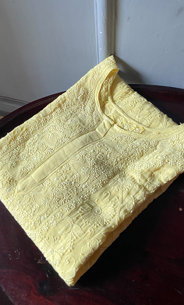Women's Lakhnavi Handcrafted Pure Silk Georgette Semi -Stitched Chikankari Kurti Fabric - HONC0274183