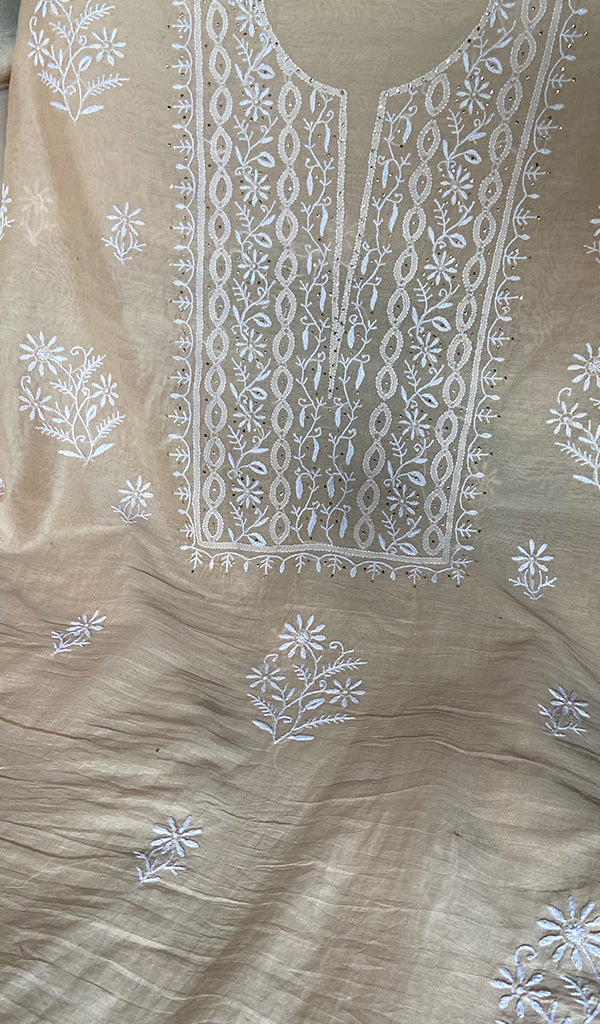 Women's Lakhnavi Handcrafted Mul Chanderi Unstitched Chikankari Full Suit - HONC0367572
