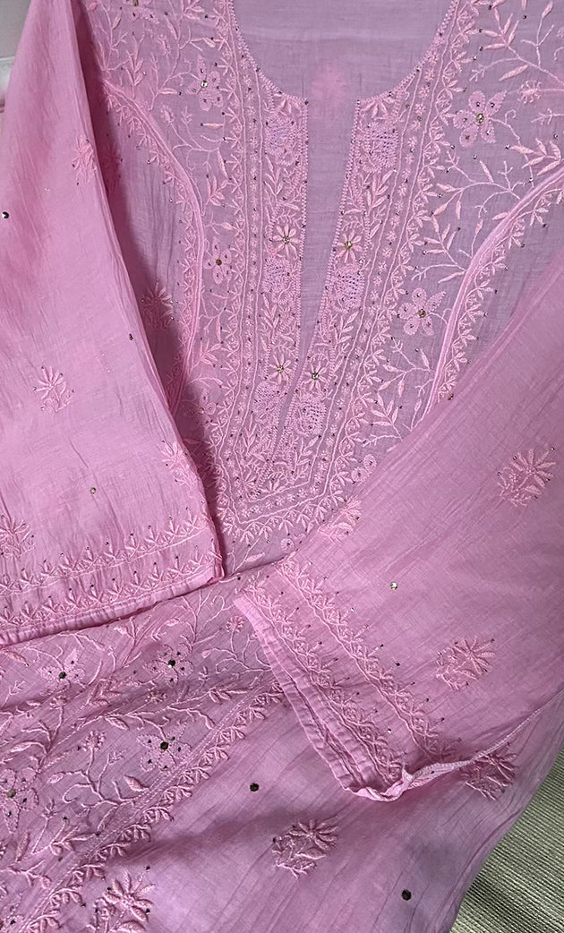 Women's Lakhnavi Handcrafted Mul Chanderi Semi - Stitched Kurta And Dupatta Set- HONC0286656