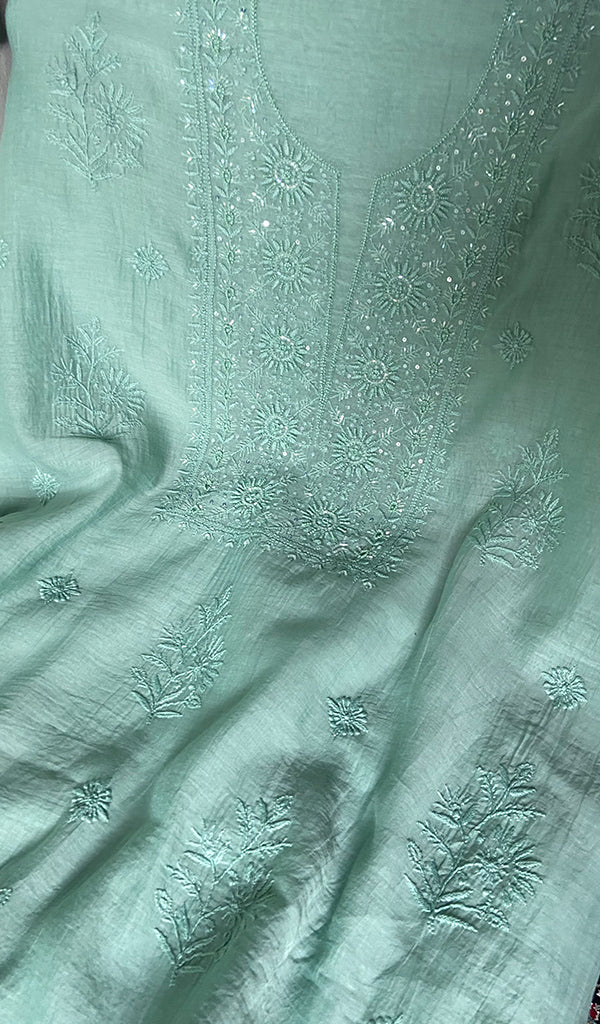Women's Lakhnavi Handcrafted Mul Chanderi Unstitched Chikankari Full Suit Material - HONC0345050