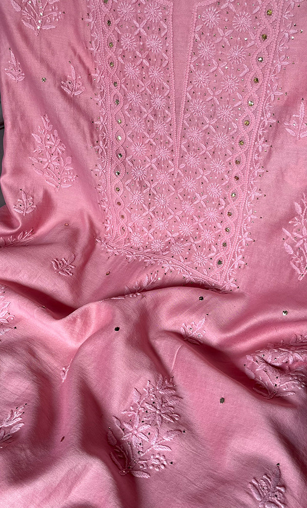 Women's Lucknowi Handcrafted Chanderi Silk Unstitched Chikankari Full Suit Material - HONC0287070